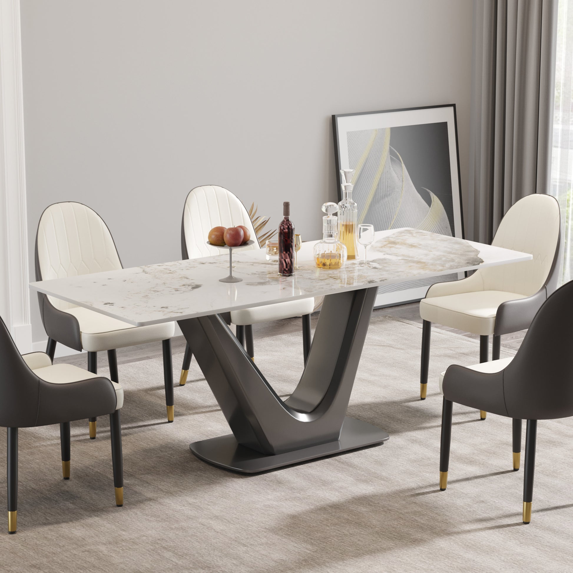 78.74 "Modern Artificial Stone Pandora White Panel Gray V Shaped Metal Legs Can Accommodate 8 People. White Gray Dining Room Metal Sintered Stone