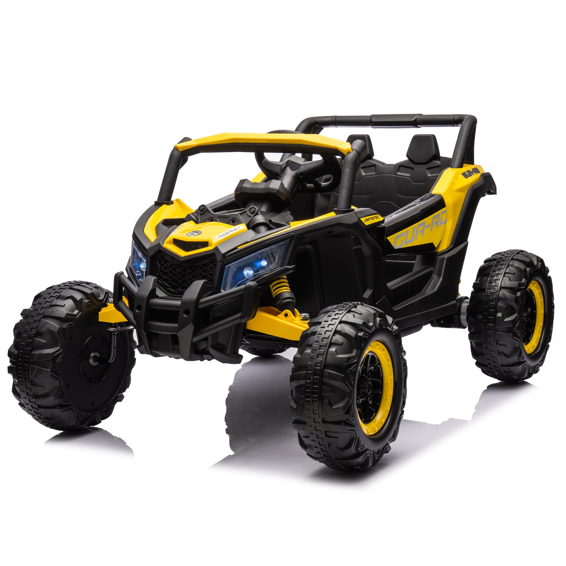 12V Ride On Car With Remote Control,Utv Ride On For Kid,3 Point Safety Harness, Music Player Usb Port Volume Knob Battery Indicator , Led Lights, High Low Speed Switch Off Road Adventure For Kids Yellow Polypropylene