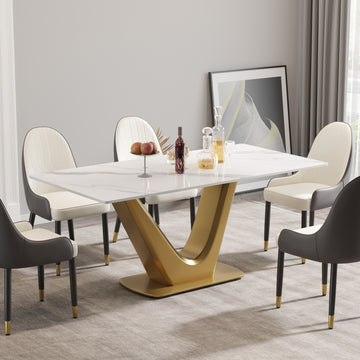 70.84 "Modern Artificial Stone White Panel Golden V Shaped Metal Legs Can Accommodate 6 8 People. White Gold Dining Room Metal Sintered Stone