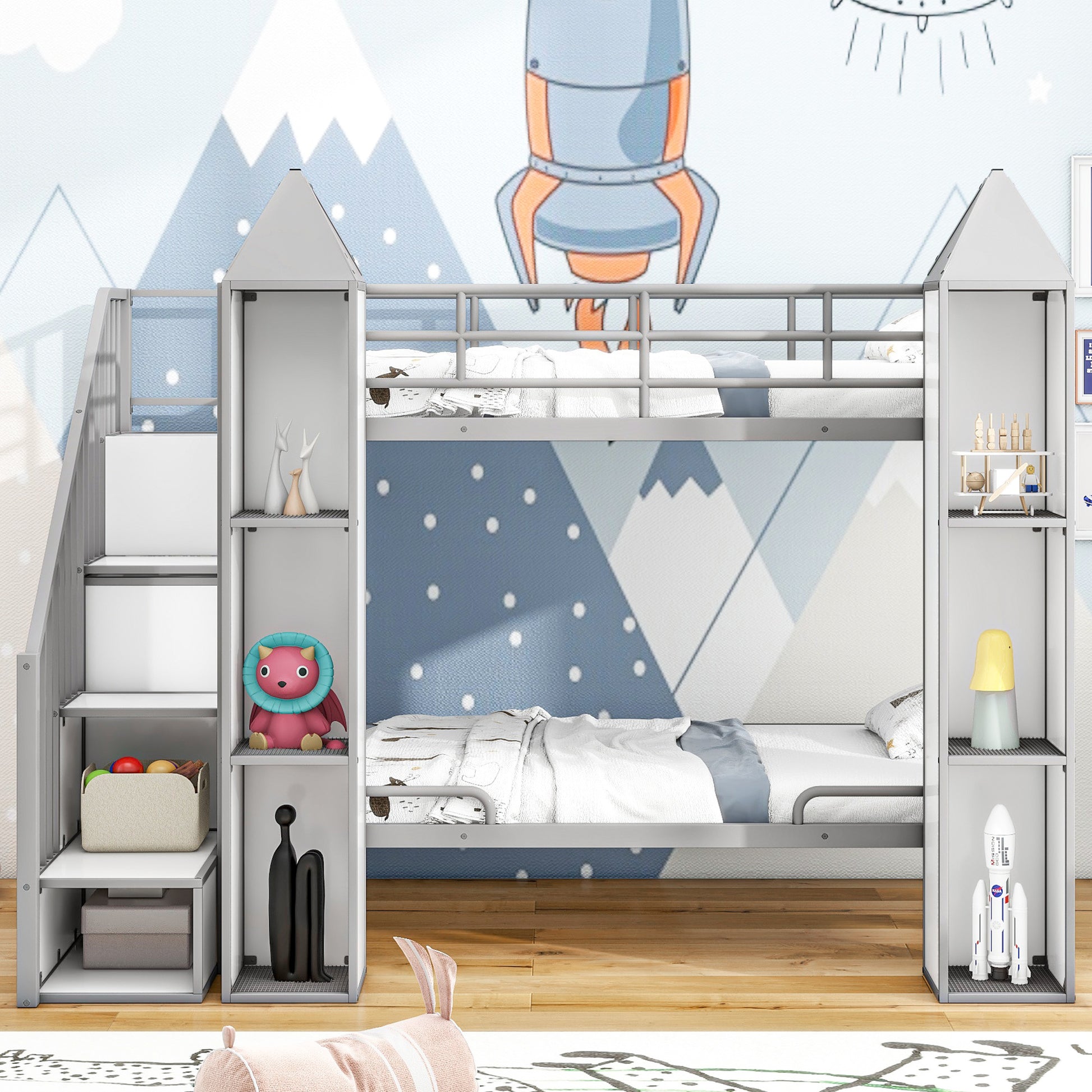 Metal Twin Over Twin Castle Shaped Bunk Bed With Wardrobe And Multiple Storage, Gray White Box Spring Not Required Twin White Gray Metal Bedroom Bunk Metal & Wood