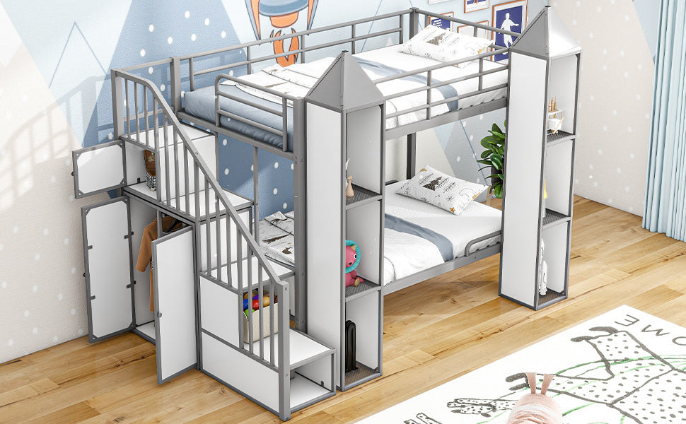 Metal Twin Over Twin Castle Shaped Bunk Bed With Wardrobe And Multiple Storage, Gray White Box Spring Not Required Twin White Gray Metal Bedroom Bunk Metal & Wood