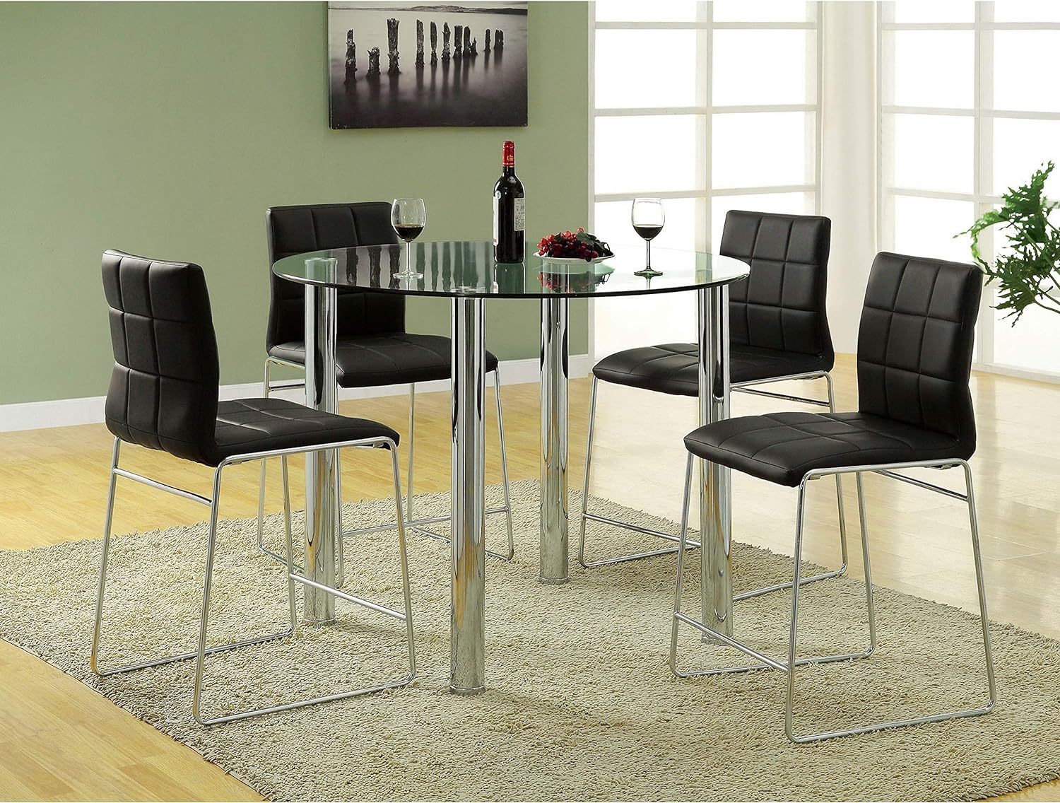 Black Color2Pcs Counter Height Dining Chairs Chrome Metal Legs Dining Room Counter Height Chairs Black Dining Room Contemporary,Modern Solid Back Chrome