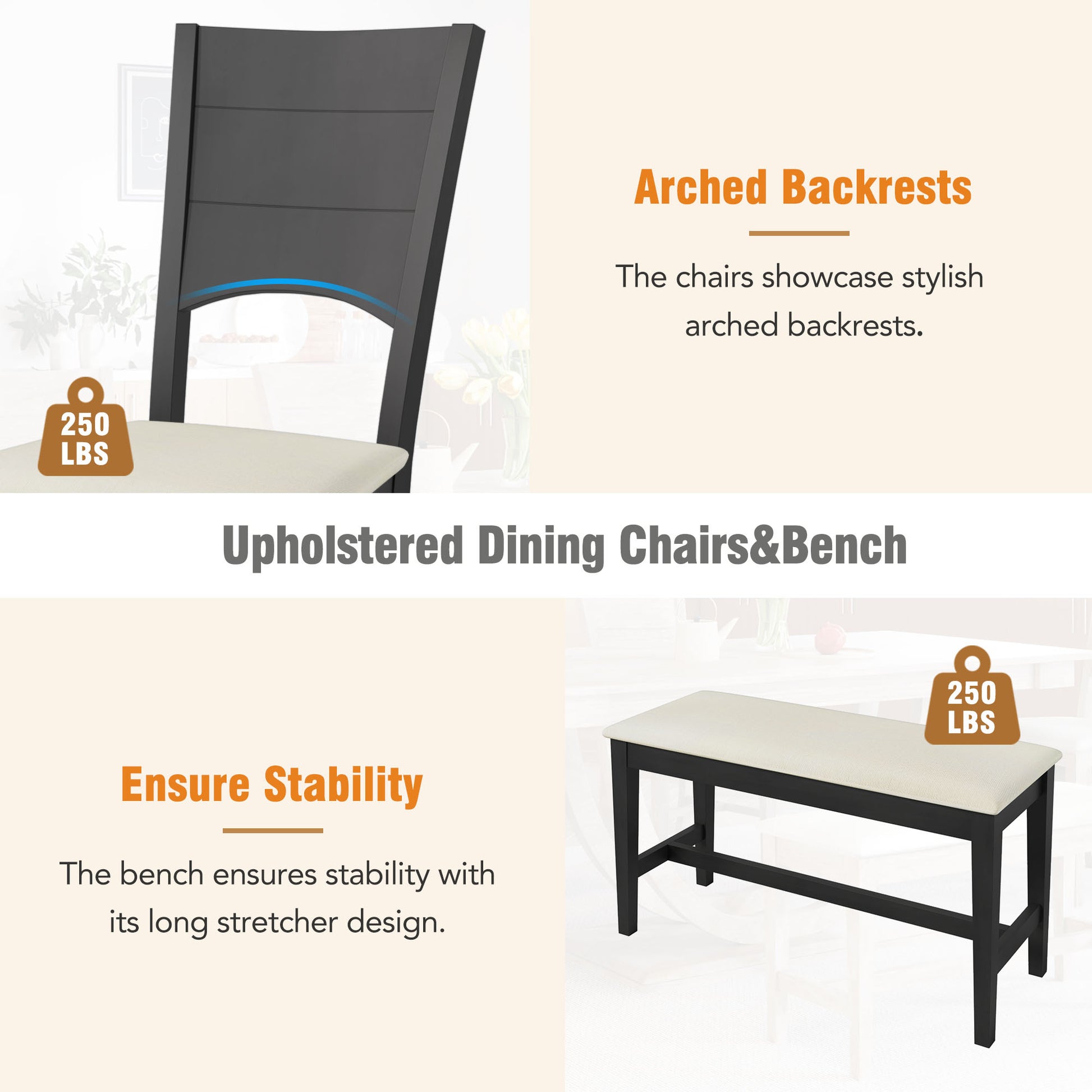6 Piece Wood Half Round Dining Table Set Kitchen Table Set With Long Bench And 4 Dining Chairs, Modern Style, Gray Gray Wood Dining Room Bench Seating Rubberwood Rectangular Dining Table With Chair And Bench Upholstered Chair Wood Gray Solid Back Seats 6