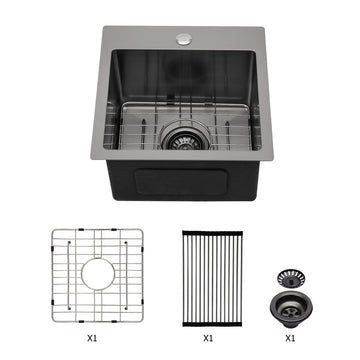 15*15*9 Inch Drop In Kitchen Sink Gunmetal Black Topmount 16 Gauge Deep Single Bowl Stainless Steel Sink Basin Gunmetal Black Stainless Steel