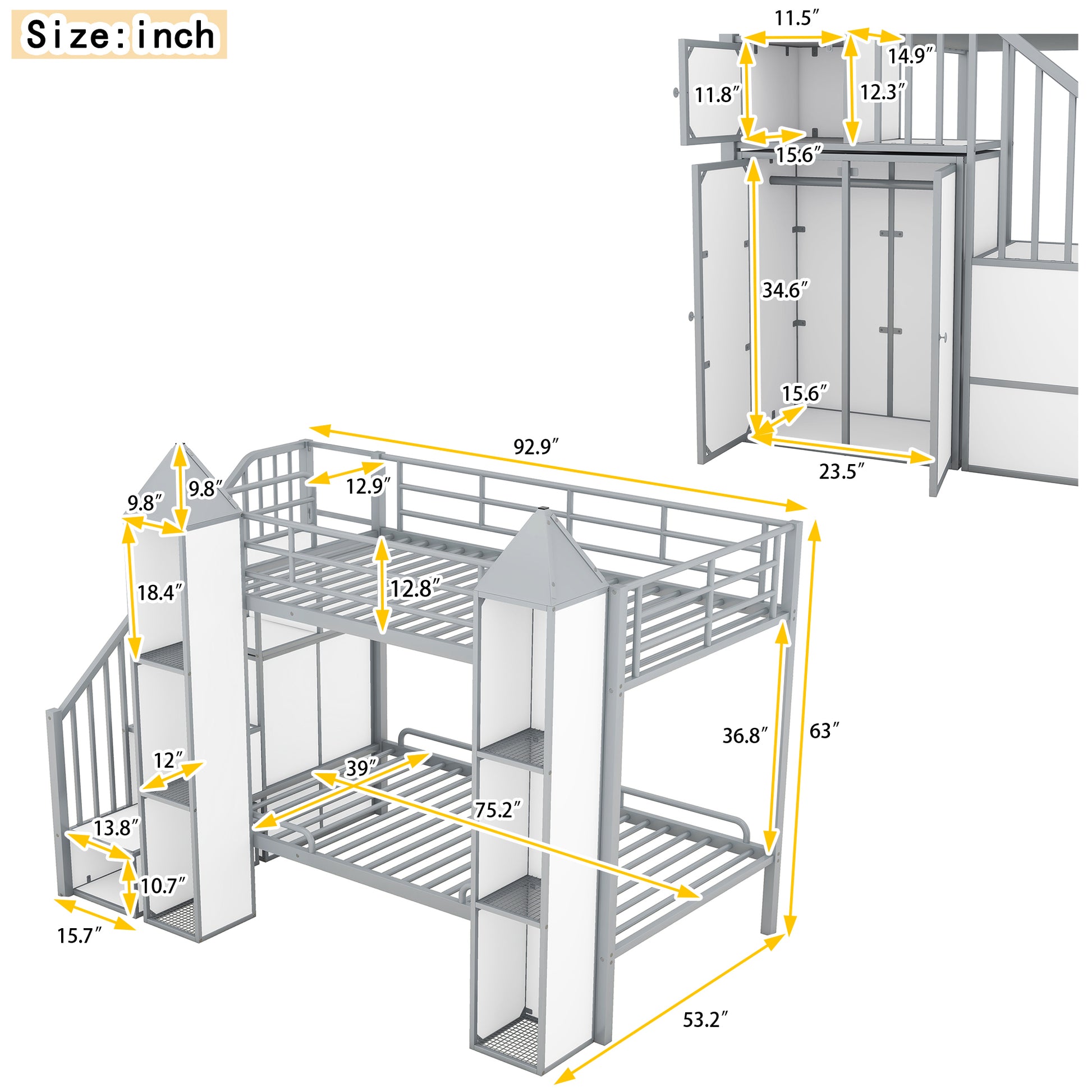 Metal Twin Over Twin Castle Shaped Bunk Bed With Wardrobe And Multiple Storage, Gray White Box Spring Not Required Twin White Gray Metal Bedroom Bunk Metal & Wood