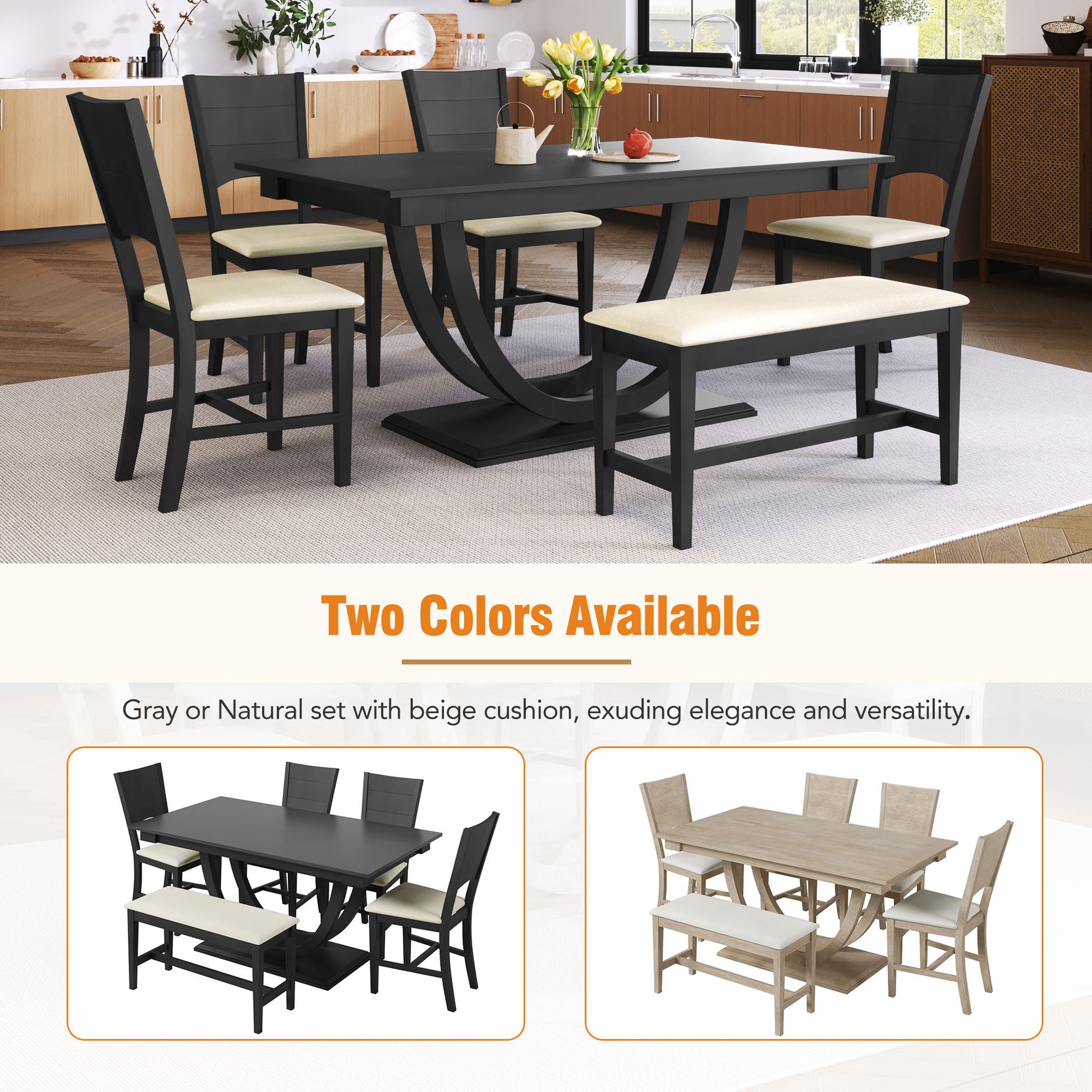 6 Piece Wood Half Round Dining Table Set Kitchen Table Set With Long Bench And 4 Dining Chairs, Modern Style, Gray Gray Wood Dining Room Bench Seating Rubberwood Rectangular Dining Table With Chair And Bench Upholstered Chair Wood Gray Solid Back Seats 6