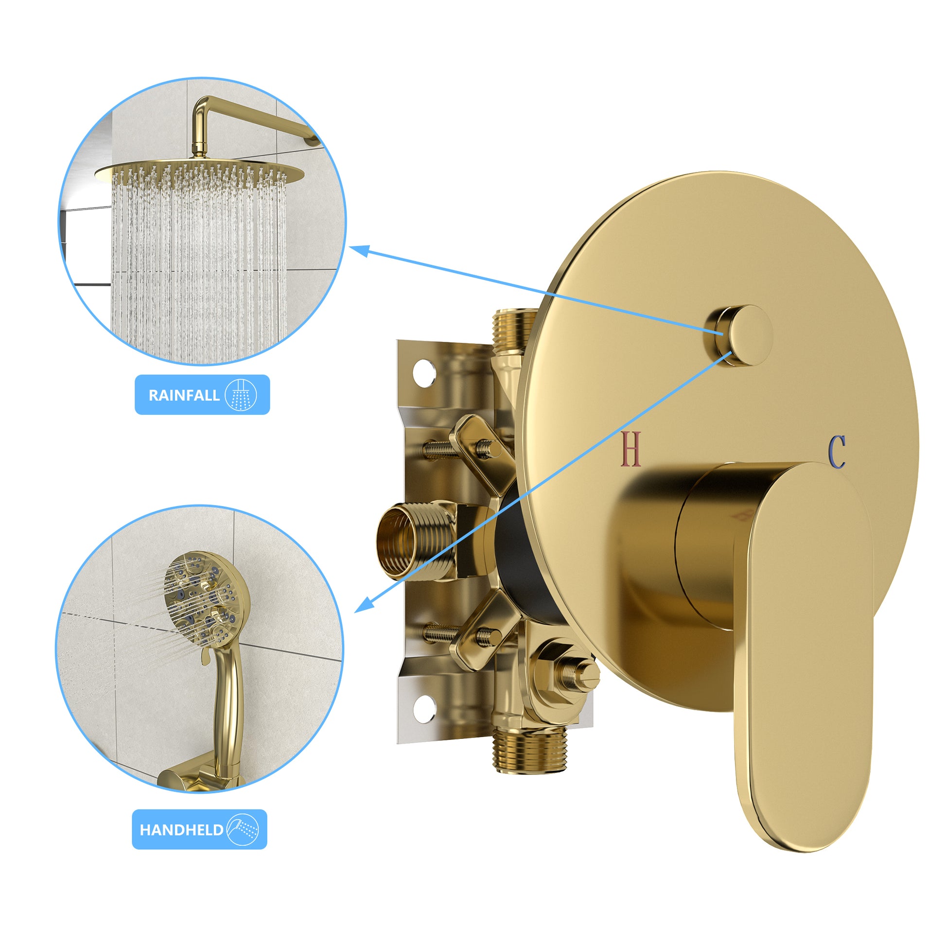 10" Rain Shower Head Systems, Dual Shower Heads, Gold,Wall Mounted Shower Gold Stainless Steel