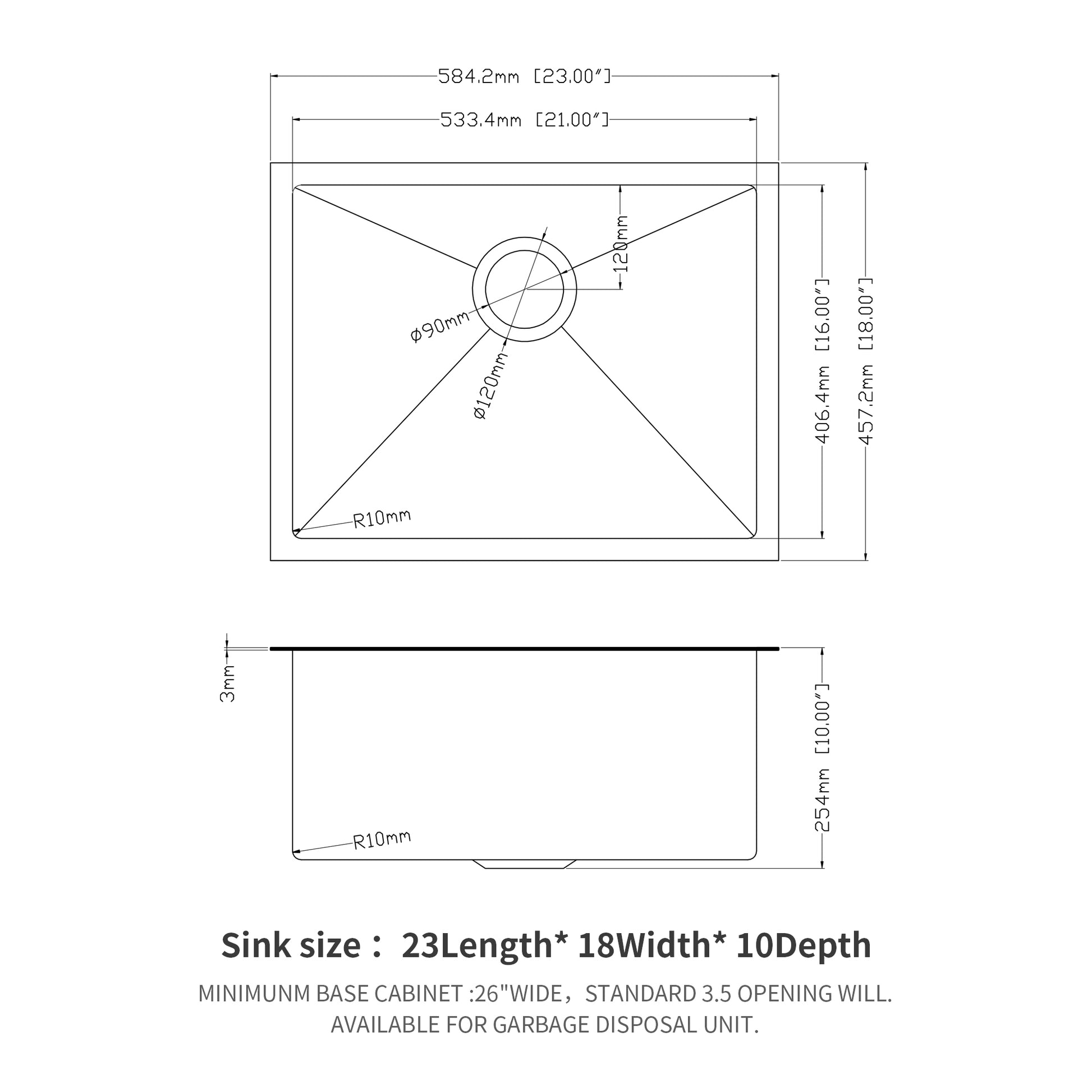 23" Gunmetal Black Kitchen Sink 23"X 18"X 10" Undermount Singel Bowl Kitchen Basin 16 Gauge Stainless Steel With 10 Inch Deep Gunmetal Black Stainless Steel