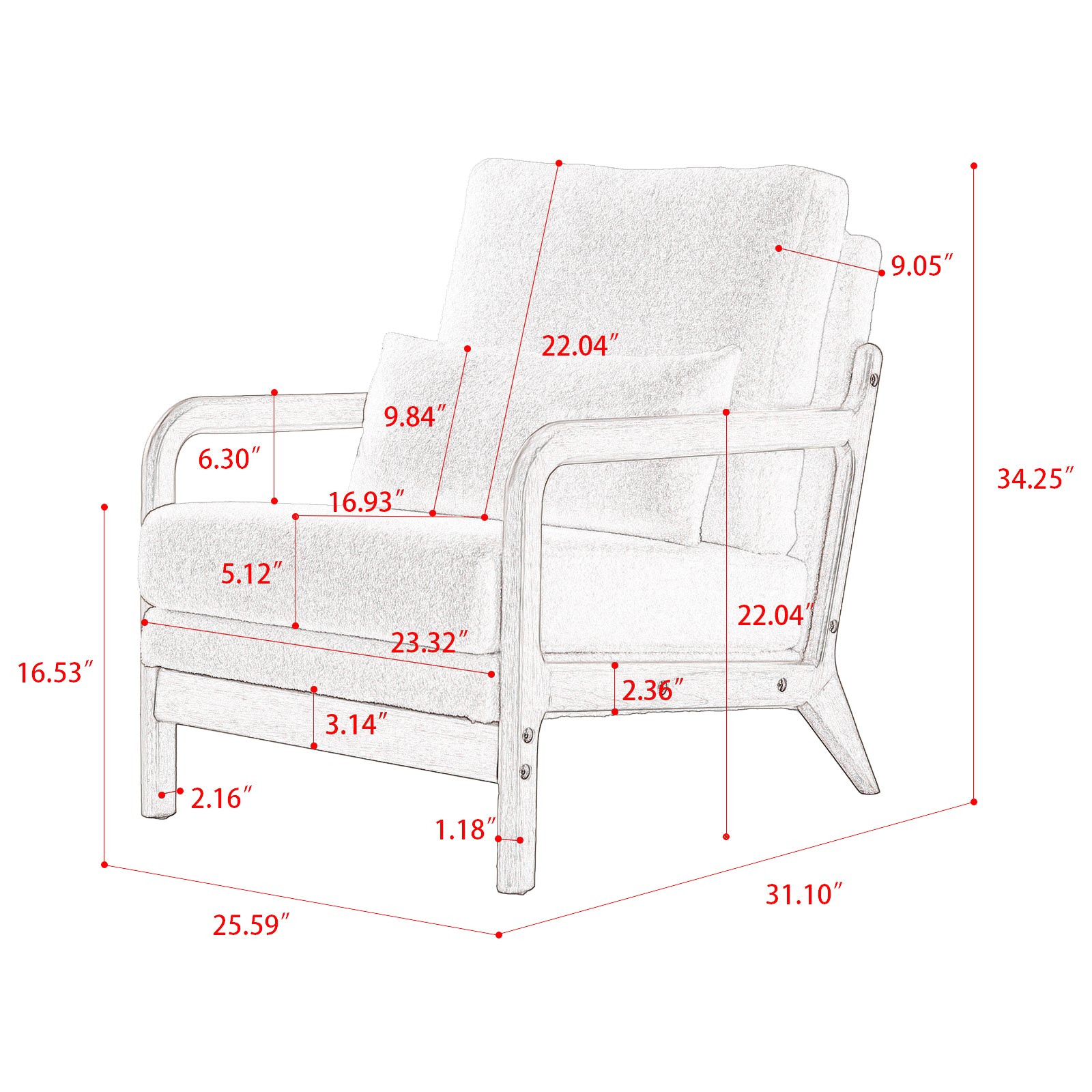 Modern Teddy Fabric Accent Chair,Oak Wood Frame Armchair For Living Room White Teddy