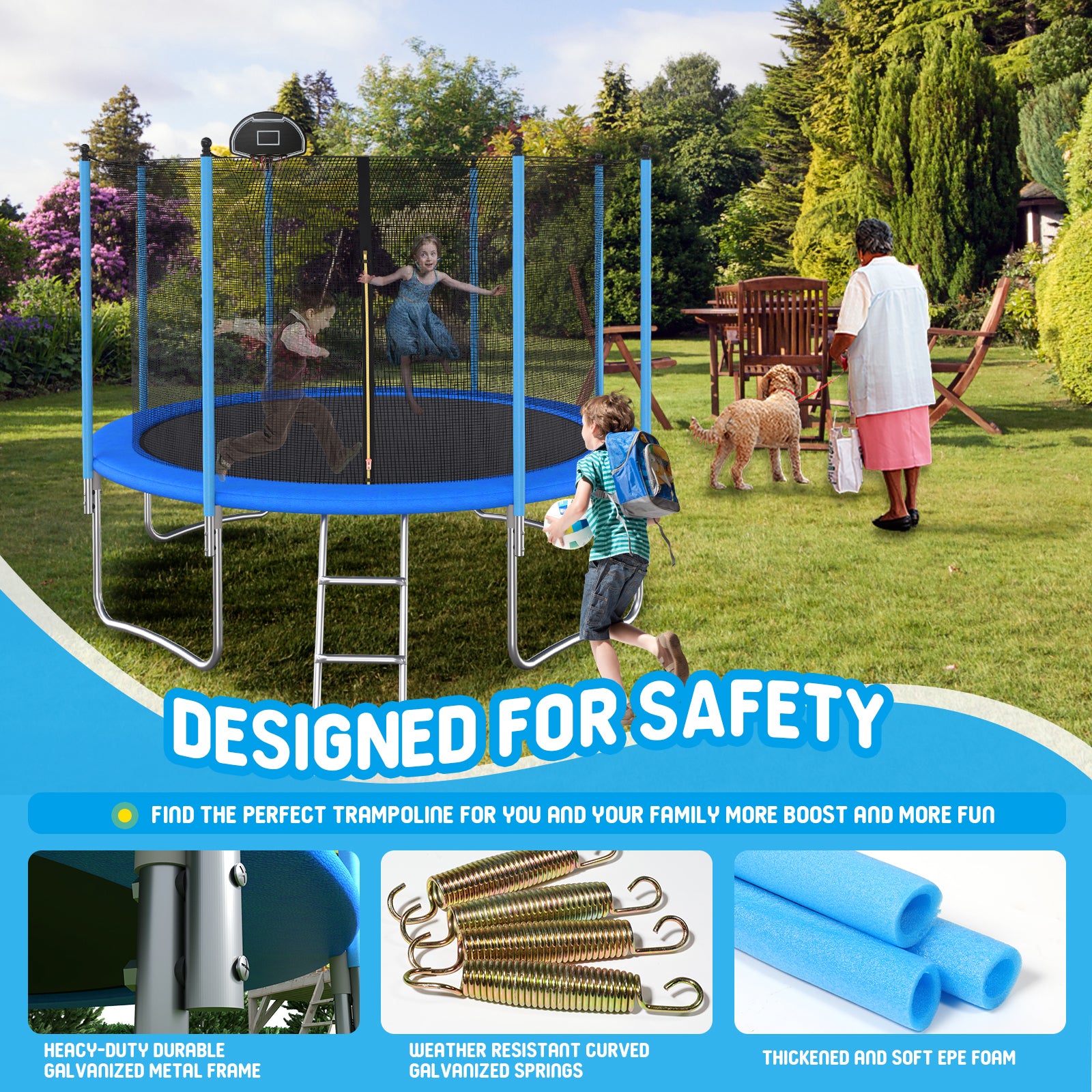 12 Ft Trampoline Inside Safety Net With Basketball Hoop Blue Metal