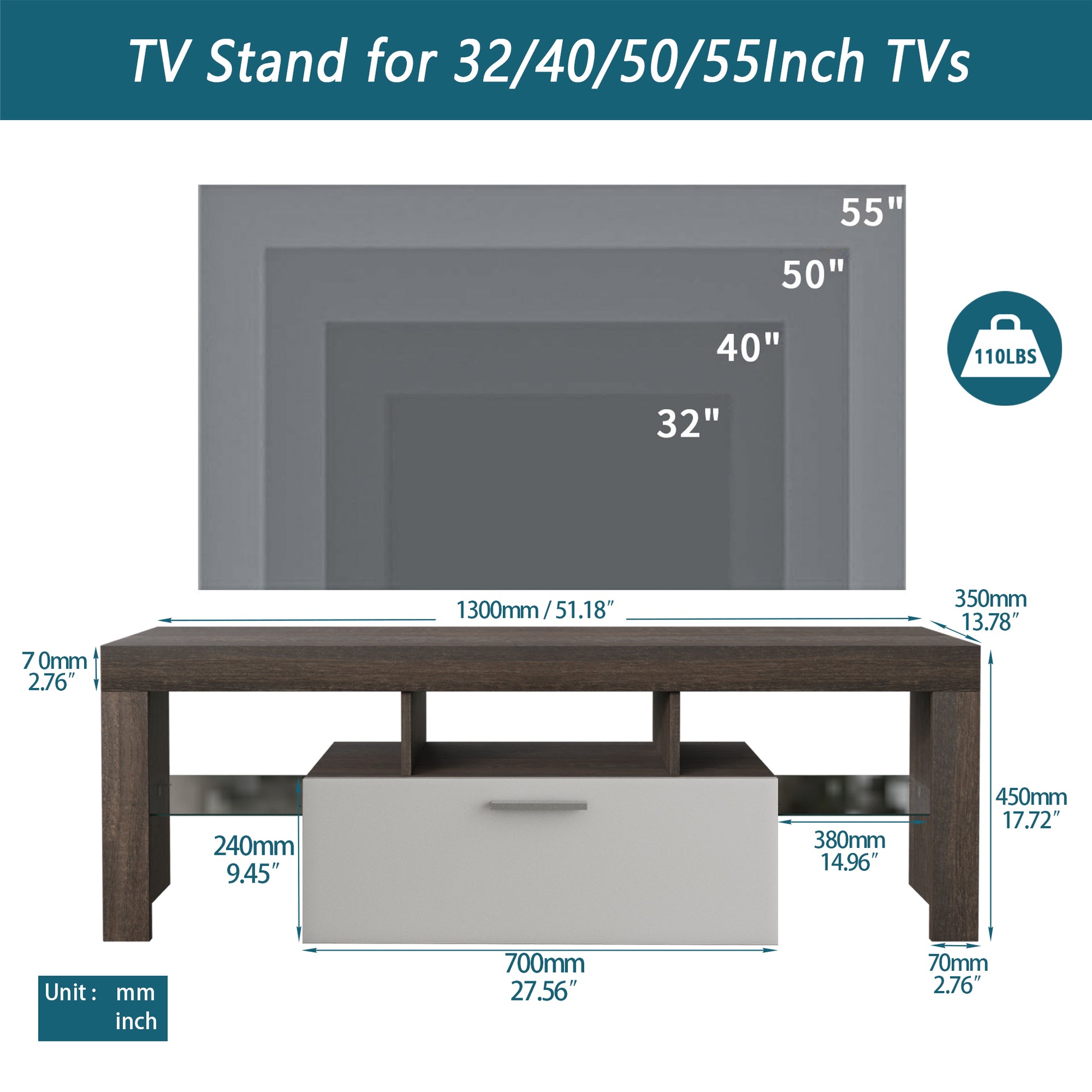 20 Minutes Quick Assembly Brown Simple Modern Tv Stand With The Toughened Glass Shelf Floor Cabinet Floor Tv Wall Cabinet Brown Whitetv Bracket With Led Color Changing Lights For Living Room Brown White Primary Living Space 50 59 Inches 50 59 Inches