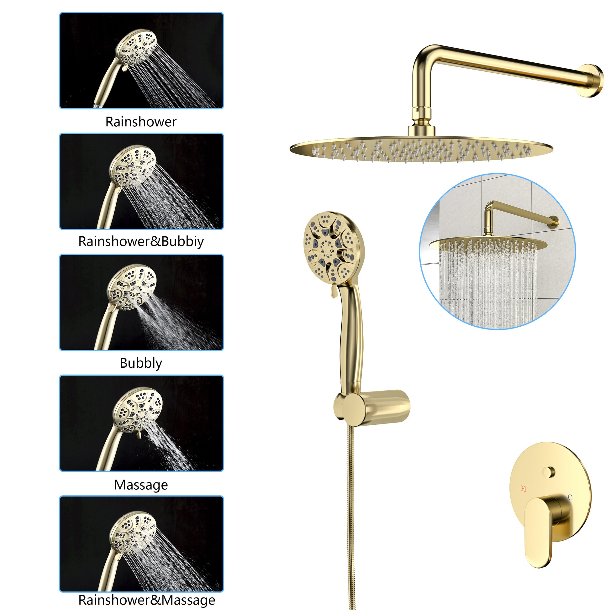 10" Rain Shower Head Systems, Dual Shower Heads, Gold,Wall Mounted Shower Gold Stainless Steel