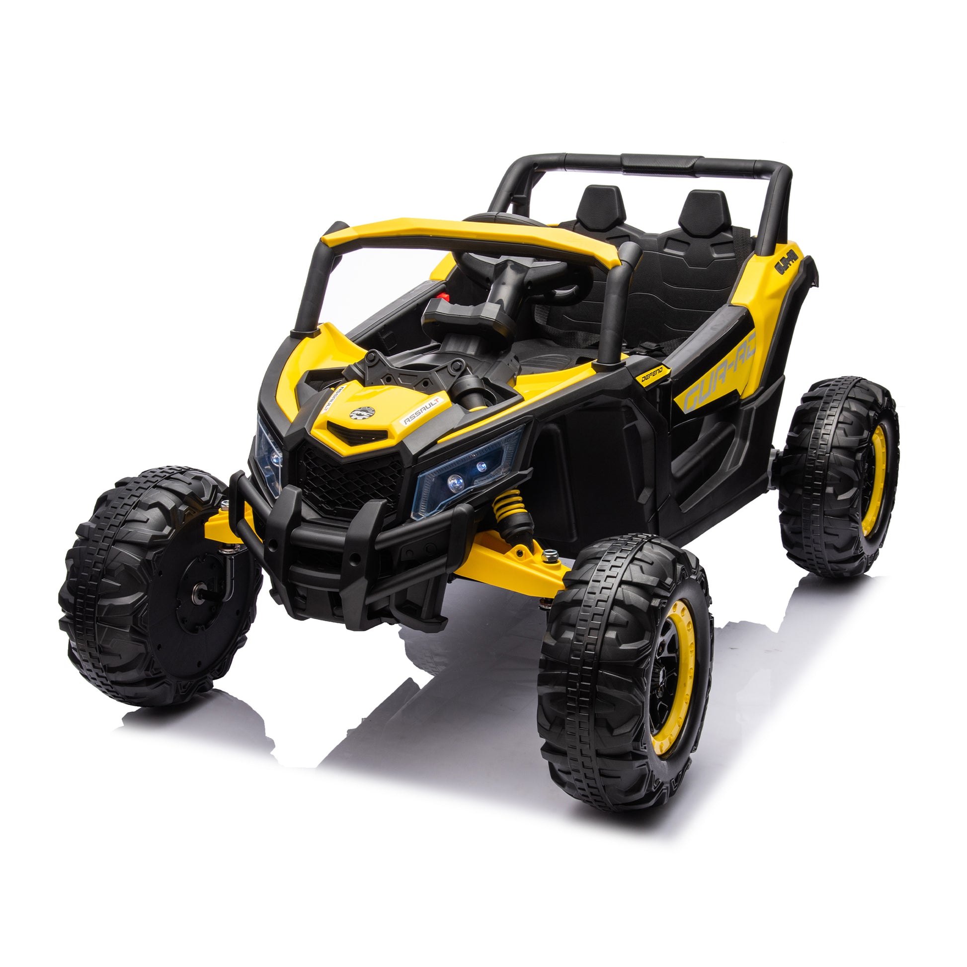 12V Ride On Car With Remote Control,Utv Ride On For Kid,3 Point Safety Harness, Music Player Usb Port Volume Knob Battery Indicator , Led Lights, High Low Speed Switch Off Road Adventure For Kids Yellow Polypropylene