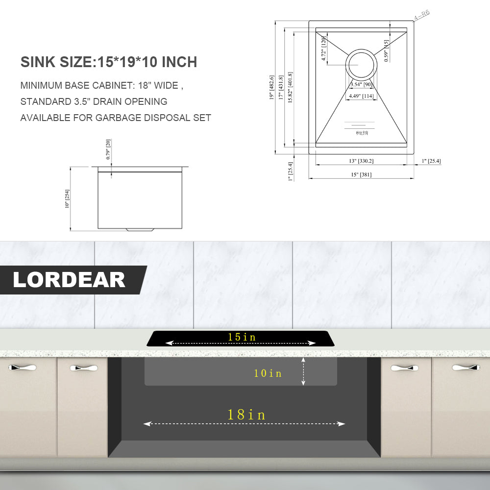 15" Undermount Kitchen Sink 15*19*10 Inch Kitchen Sink Undermount Single Bowl 16 Gauge Stainless Steel Ledge Workstation Kitchen Sinks Brushed Nickel Stainless Steel