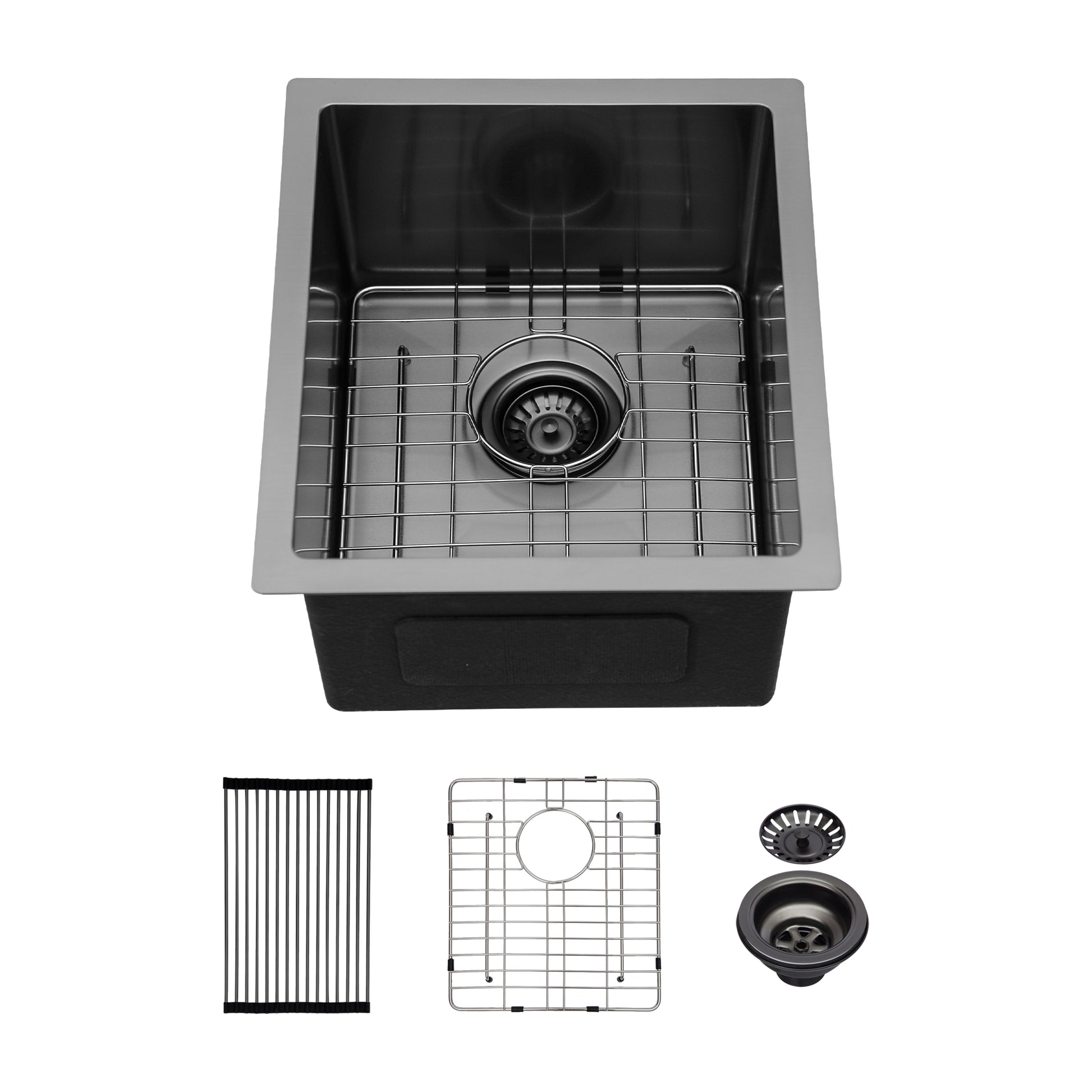 Gunmetal Black Kitchen Sink 15"X 17"X 10" Undermount Singel Bowl Kitchen Basin 16 Gauge Stainless Steel With 10 Inch Deep Gunmetal Black Stainless Steel