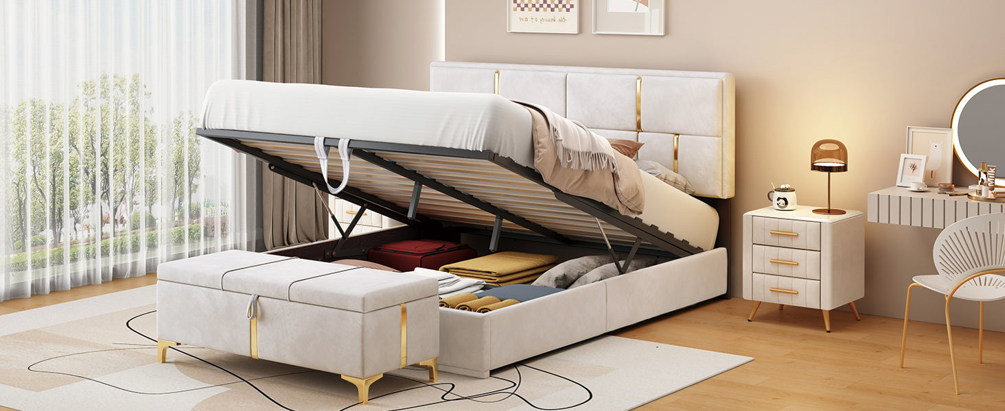 2 Pieces Bedroom Sets,Queen Size Upholstered Platform Bed With Hydraulic Storage System,Storage Ottoman With Metal Legs,Beige Beige Velvet