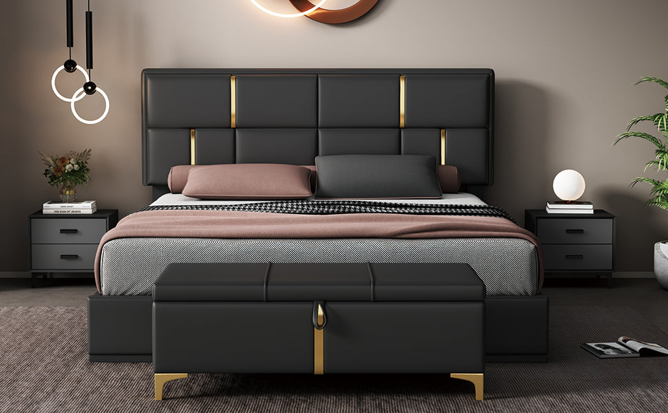 2 Pieces Bedroom Sets,Queen Size Upholstered Platform Bed With Hydraulic Storage System,Storage Ottoman With Metal Legs,Black Black Pu