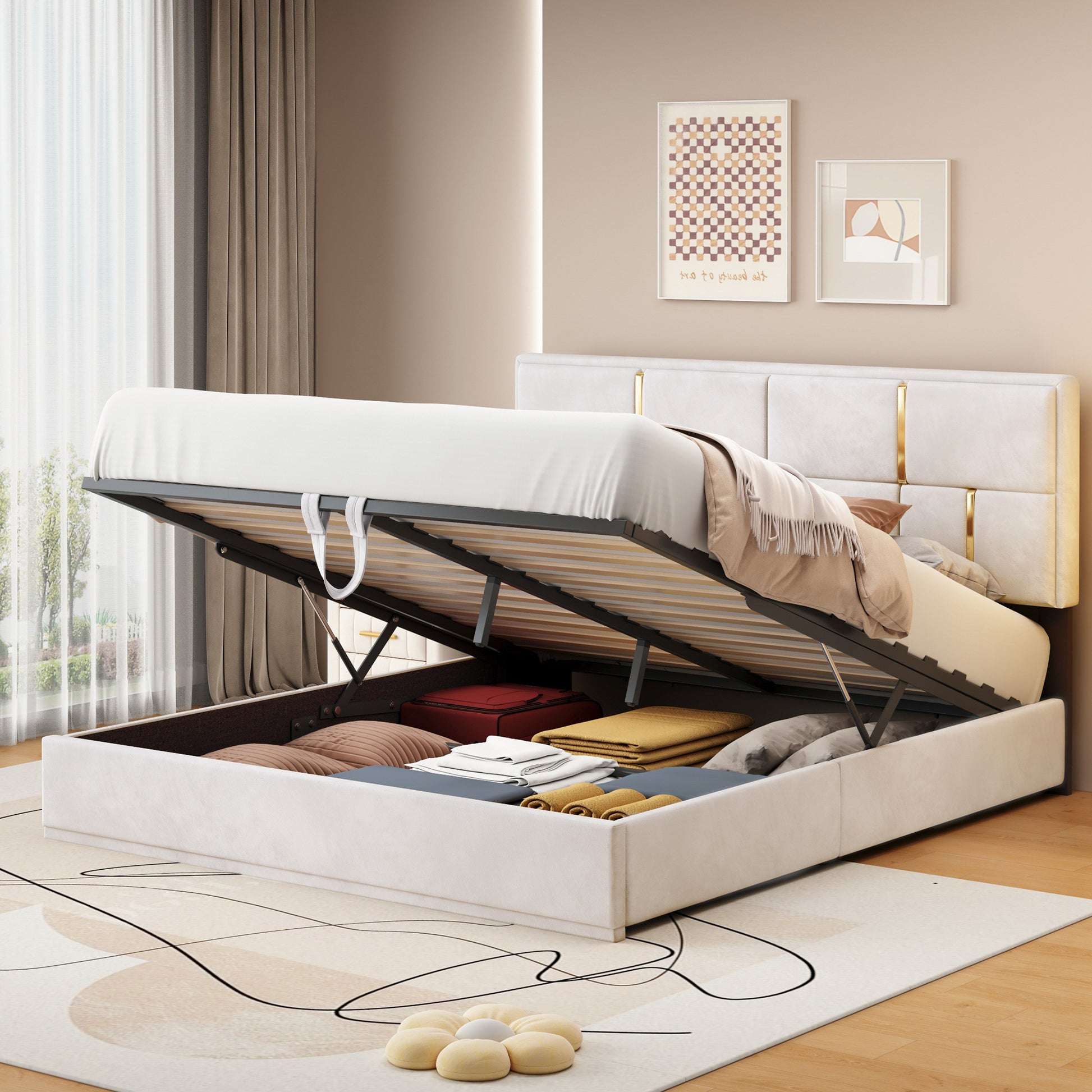 Queen Size Upholstered Platform Bed With Hydraulic Storage System,No Box Spring Needed,Beige Beige Velvet