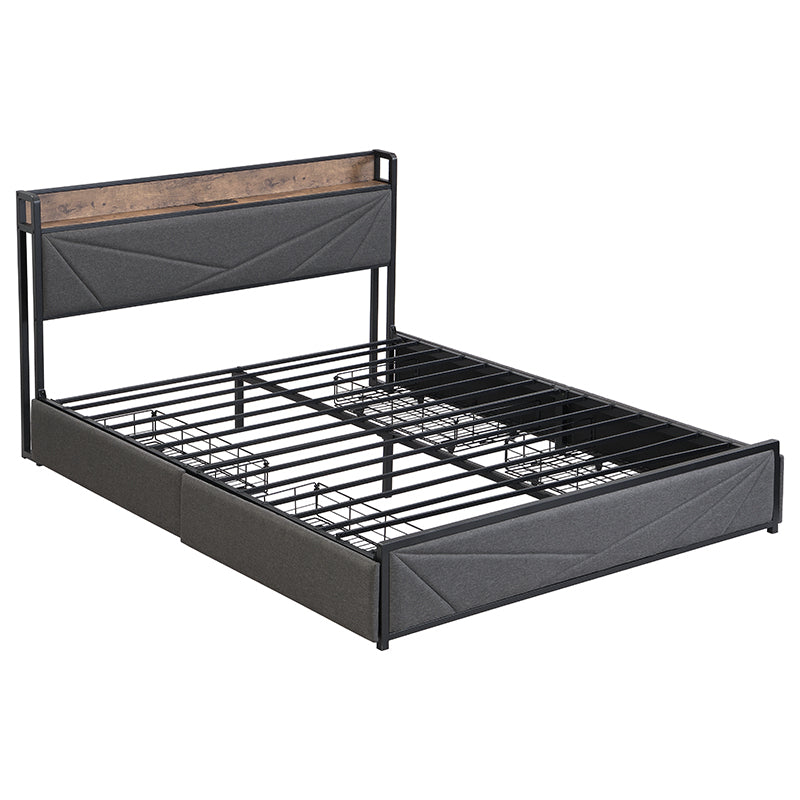 Full Bed Frame, Storage Headboard With Charging Station, Solid And Stable, Noise Free, No Box Spring Needed, Easy Assembly Antique Dark Grey Metal & Wood