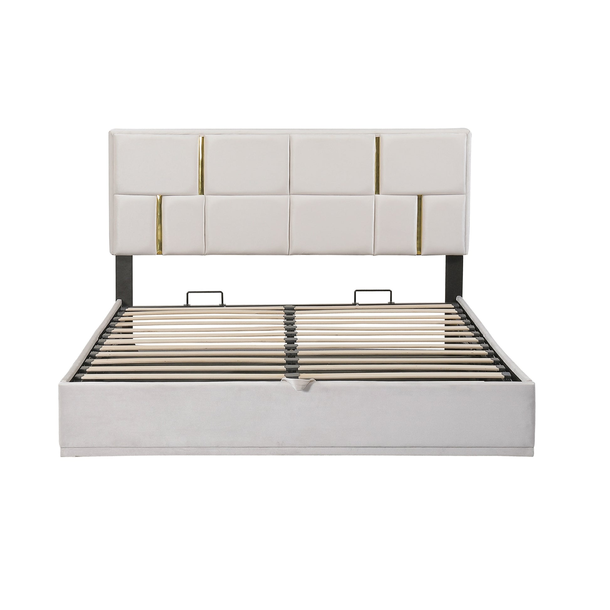 2 Pieces Bedroom Sets,Queen Size Upholstered Platform Bed With Hydraulic Storage System,Storage Ottoman With Metal Legs,Beige Beige Velvet