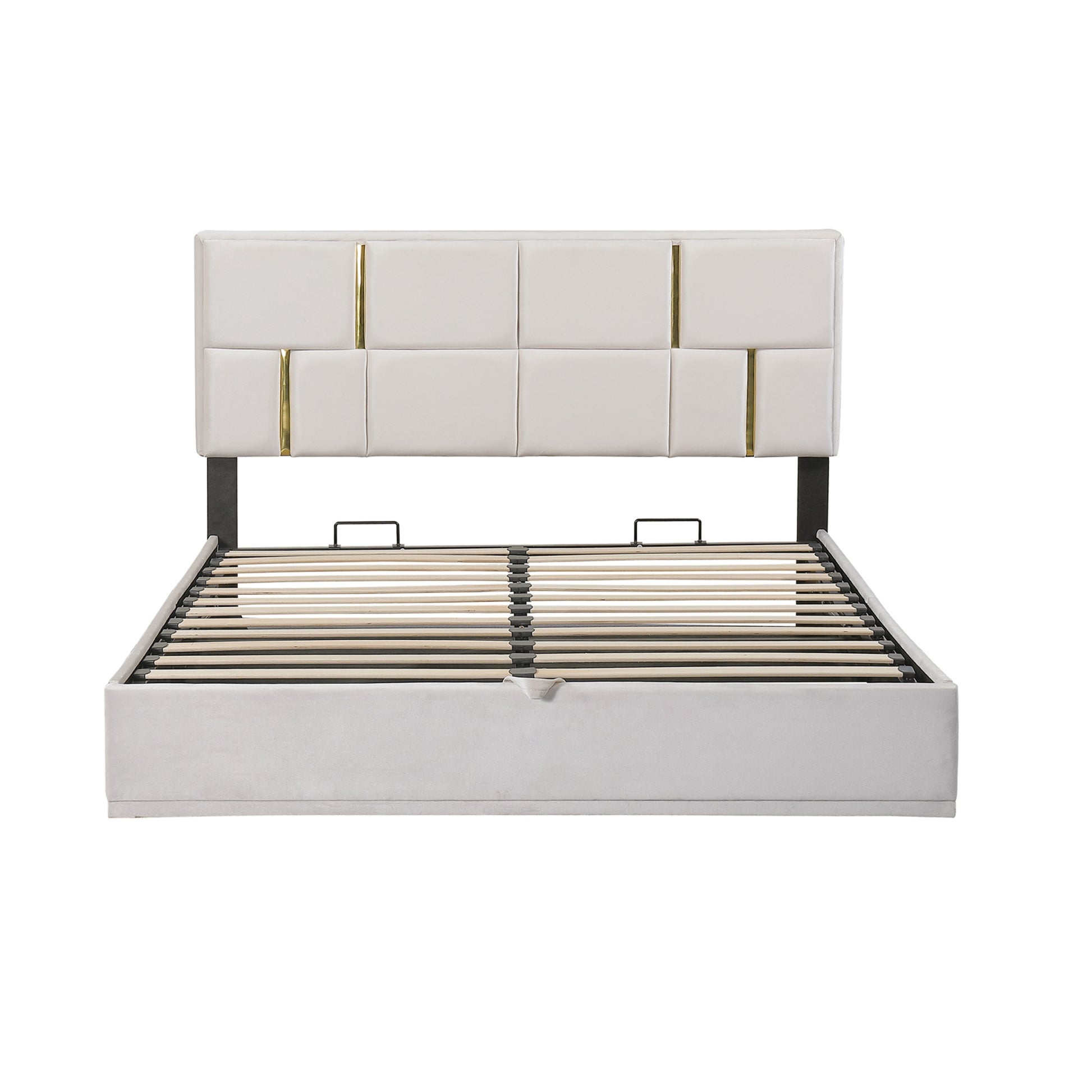 Queen Size Upholstered Platform Bed With Hydraulic Storage System,No Box Spring Needed,Beige Beige Velvet