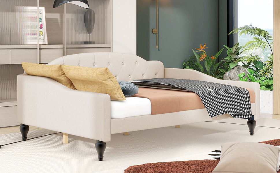 Full Size Upholstered Tufted Daybed, Beige Box Spring Not Required Beige Wood Linen Upholstered