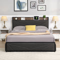 Queen Bed Frame, Storage Headboard With Charging Station, Solid And Stable, Noise Free, No Box Spring Needed, Easy Assembly Queen Antique Dark Grey Metal Bedroom Bed Frame Metal & Wood