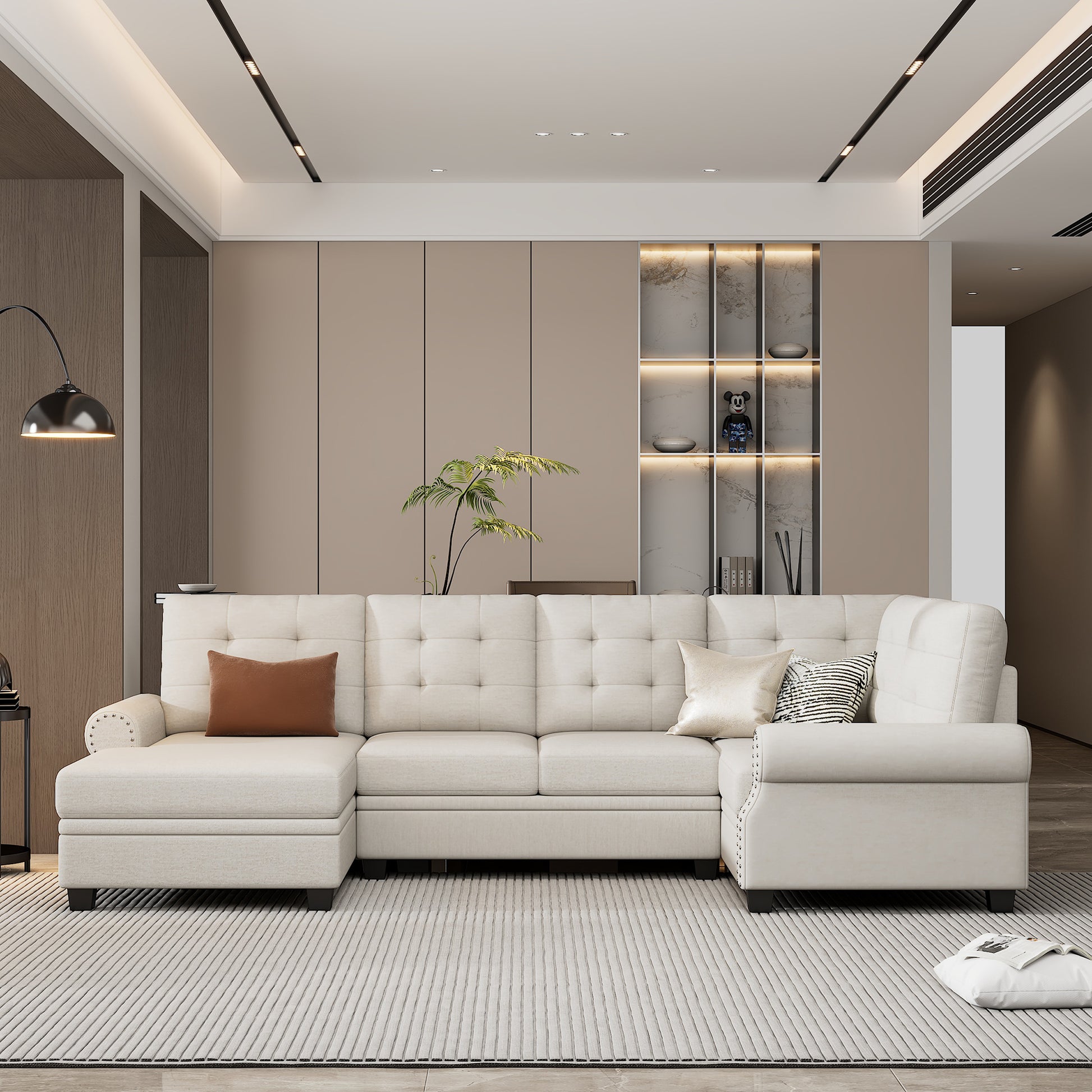 120" Modern U Shaped Corner Sectional Sofa Upholstered Linen Fabric Sofa Couch For Living Room, Bedroom, Beige Beige Foam Linen