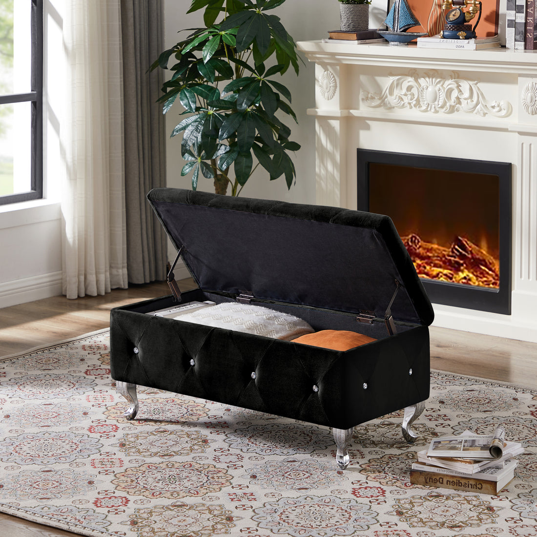 Storage Ottoman Bench, Bedroom End Bench,Velvet Upholstered Storage Bench With Button,Storage Ottoman With Safety Hinge,Flip Top,Metal Leg With Footpad,Perfect For Living Room,Entryway,Bedroom,Black Black Velvet