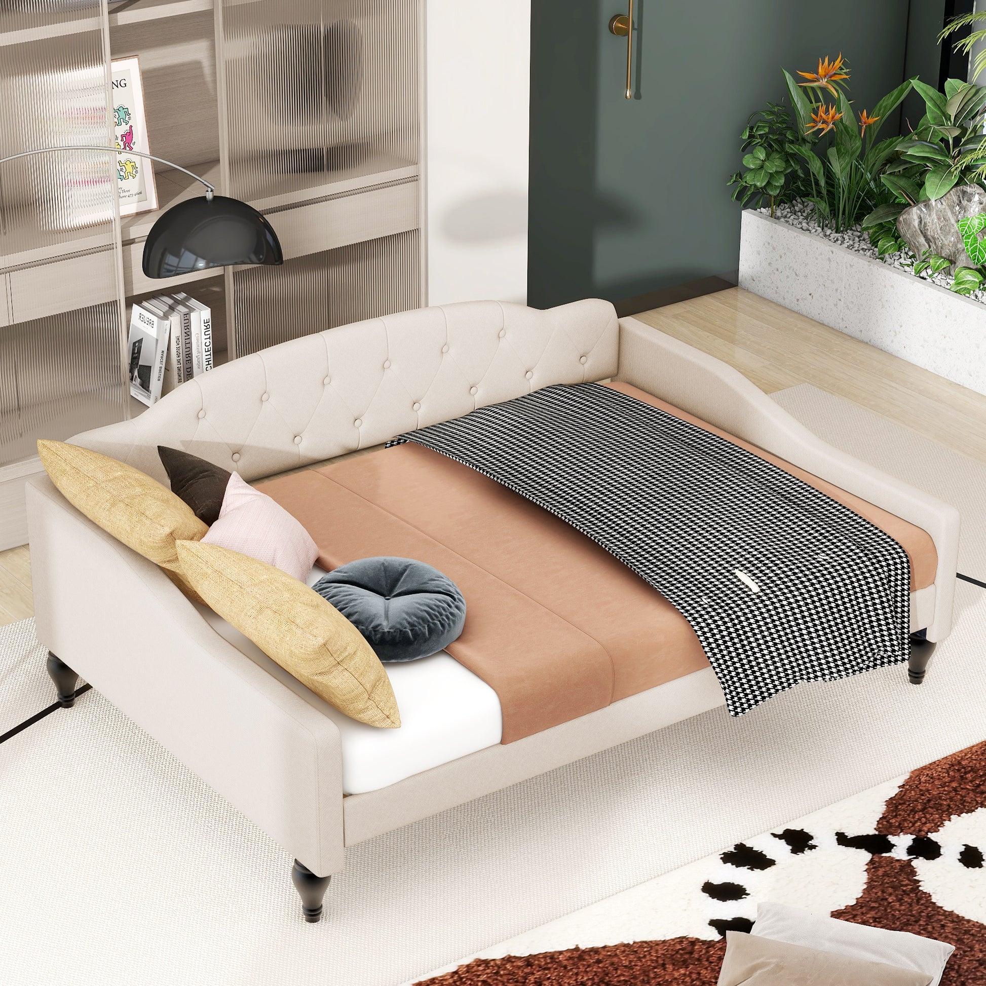 Full Size Upholstered Tufted Daybed, Beige Box Spring Not Required Beige Wood Linen Upholstered