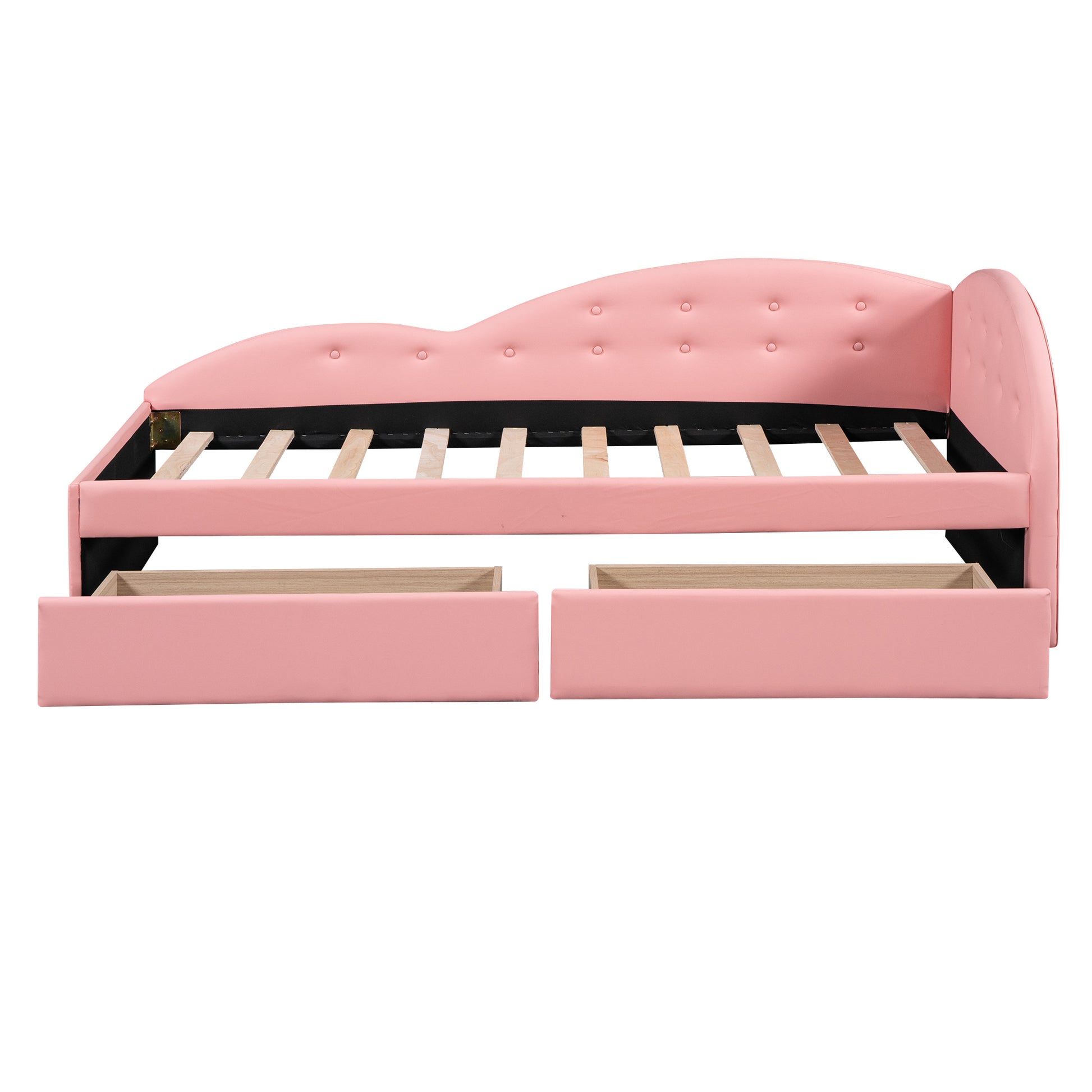 Twin Size Pu Upholstered Tufted Daybed With Two Drawers And Cloud Shaped Guardrail, Pink Box Spring Not Required Twin Pink Wood Daybeds Faux Leather Upholstered