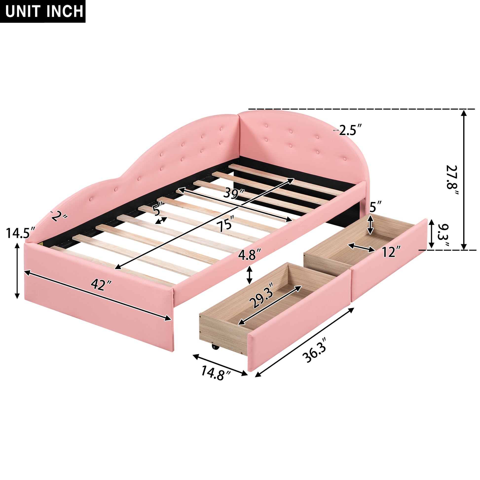 Twin Size Pu Upholstered Tufted Daybed With Two Drawers And Cloud Shaped Guardrail, Pink Box Spring Not Required Twin Pink Wood Daybeds Faux Leather Upholstered