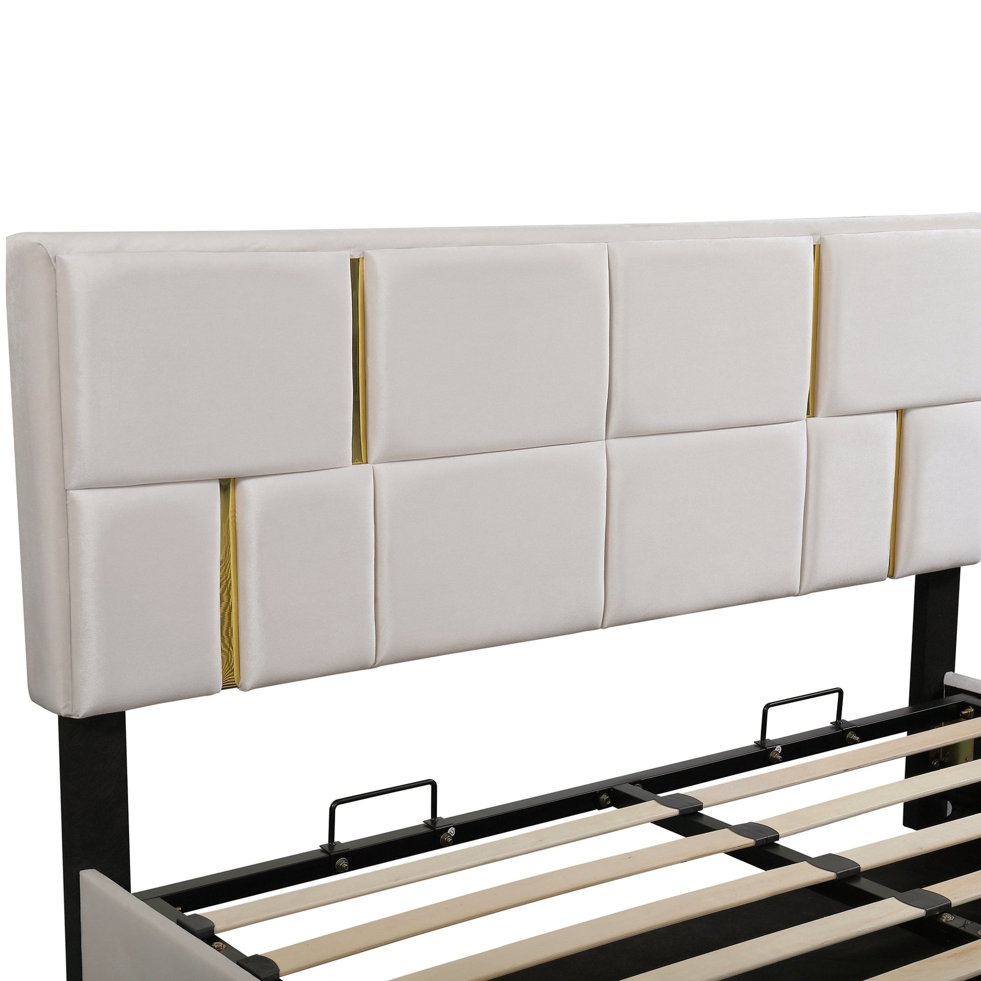 2 Pieces Bedroom Sets,Queen Size Upholstered Platform Bed With Hydraulic Storage System,Storage Ottoman With Metal Legs,Beige Beige Velvet
