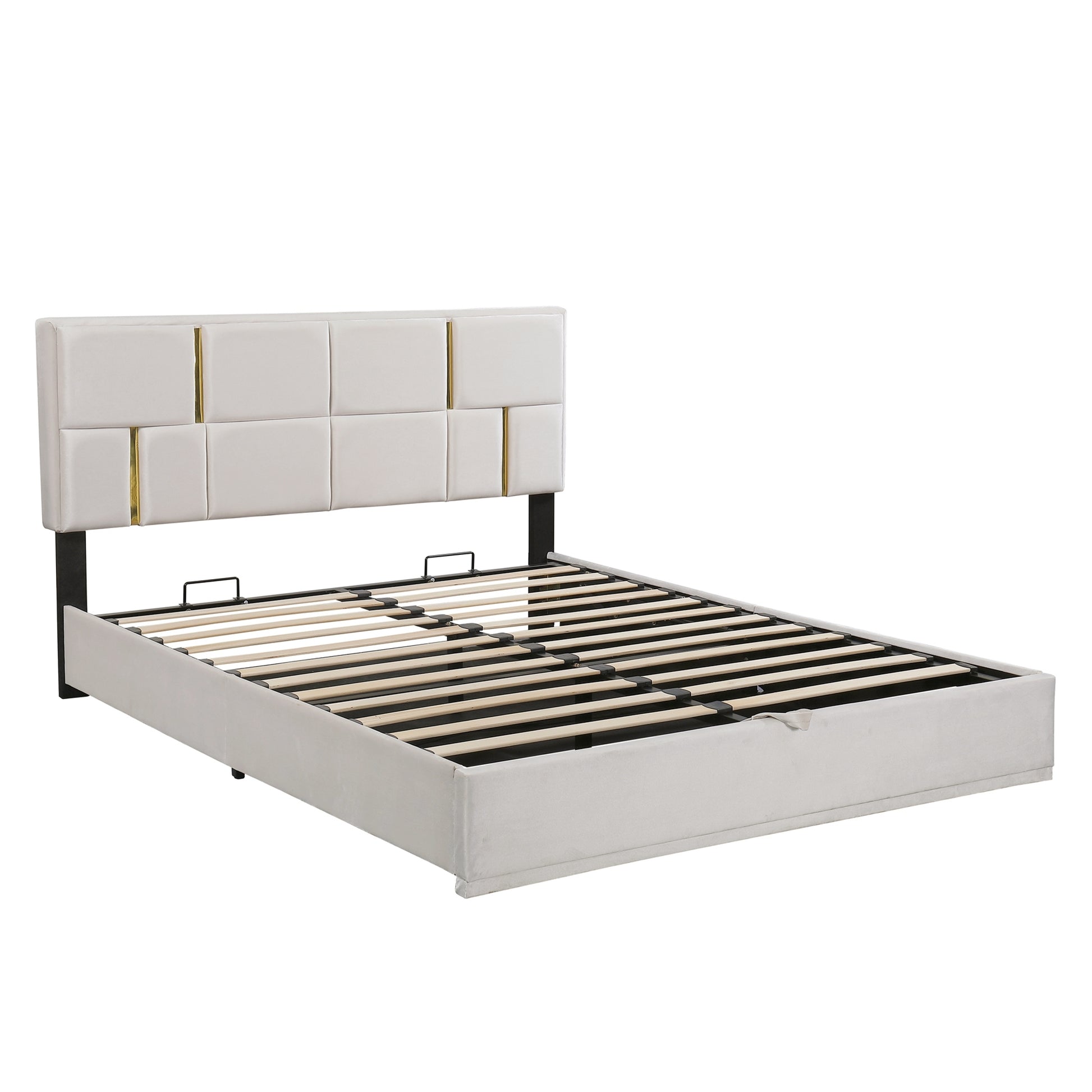 2 Pieces Bedroom Sets,Queen Size Upholstered Platform Bed With Hydraulic Storage System,Storage Ottoman With Metal Legs,Beige Beige Velvet