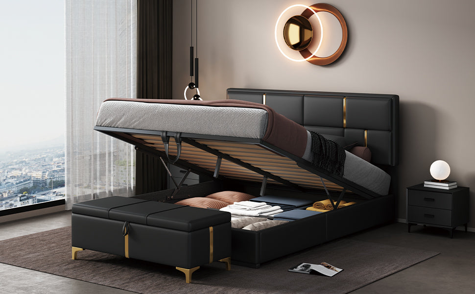 2 Pieces Bedroom Sets,Queen Size Upholstered Platform Bed With Hydraulic Storage System,Storage Ottoman With Metal Legs,Black Black Pu