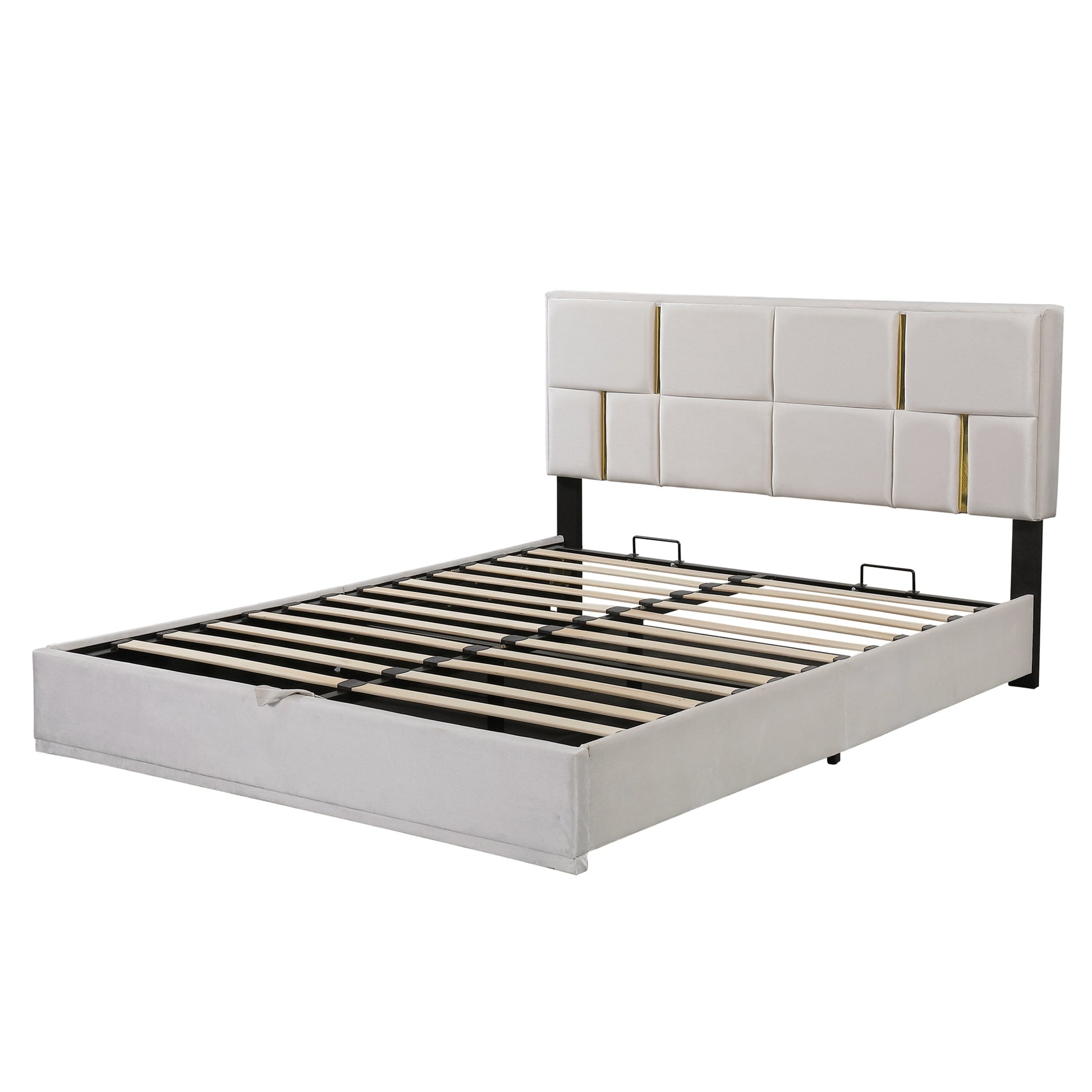 2 Pieces Bedroom Sets,Queen Size Upholstered Platform Bed With Hydraulic Storage System,Storage Ottoman With Metal Legs,Beige Beige Velvet