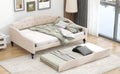 Full Size Upholstered Tufted Daybed With Twin Size Trundle, Beige Box Spring Not Required Full Beige Wood Daybeds Linen Upholstered