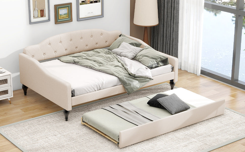 Full Size Upholstered Tufted Daybed With Twin Size Trundle, Beige Box Spring Not Required Full Beige Wood Daybeds Linen Upholstered