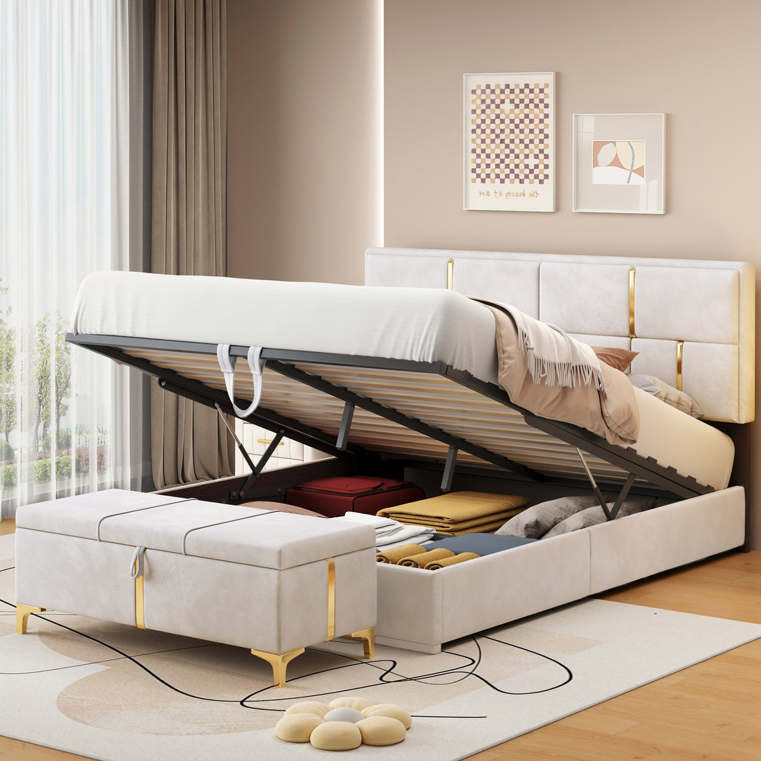 2 Pieces Bedroom Sets,Queen Size Upholstered Platform Bed With Hydraulic Storage System,Storage Ottoman With Metal Legs,Beige Beige Velvet