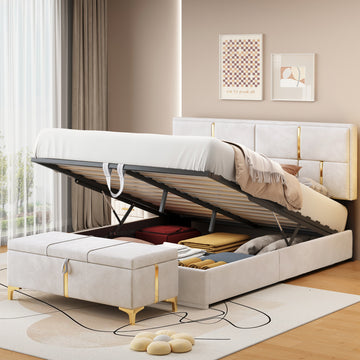 2 Pieces Bedroom Sets,Queen Size Upholstered Platform Bed With Hydraulic Storage System,Storage Ottoman With Metal Legs,Beige Beige Velvet