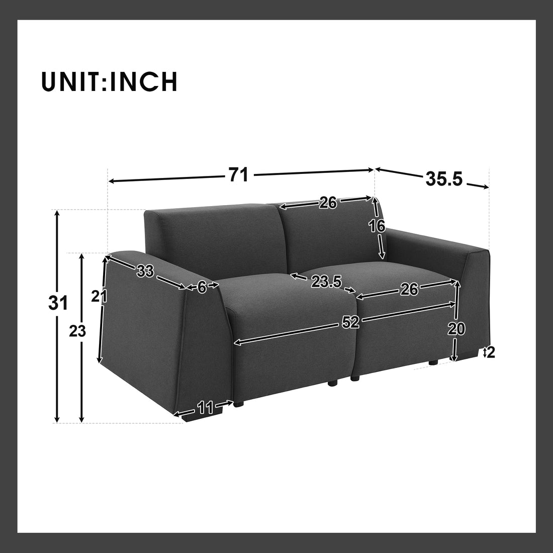 71*35.5" Modern Linen Fabric Sofa,Stylish And Minimalist 2 3 Seat Couch,Easy To Install,Exquisite Loveseat With Wide Armrests For Living Room,Bedroom,Apartment,Office,2 Colors Dark Grey Linen 2 Seat