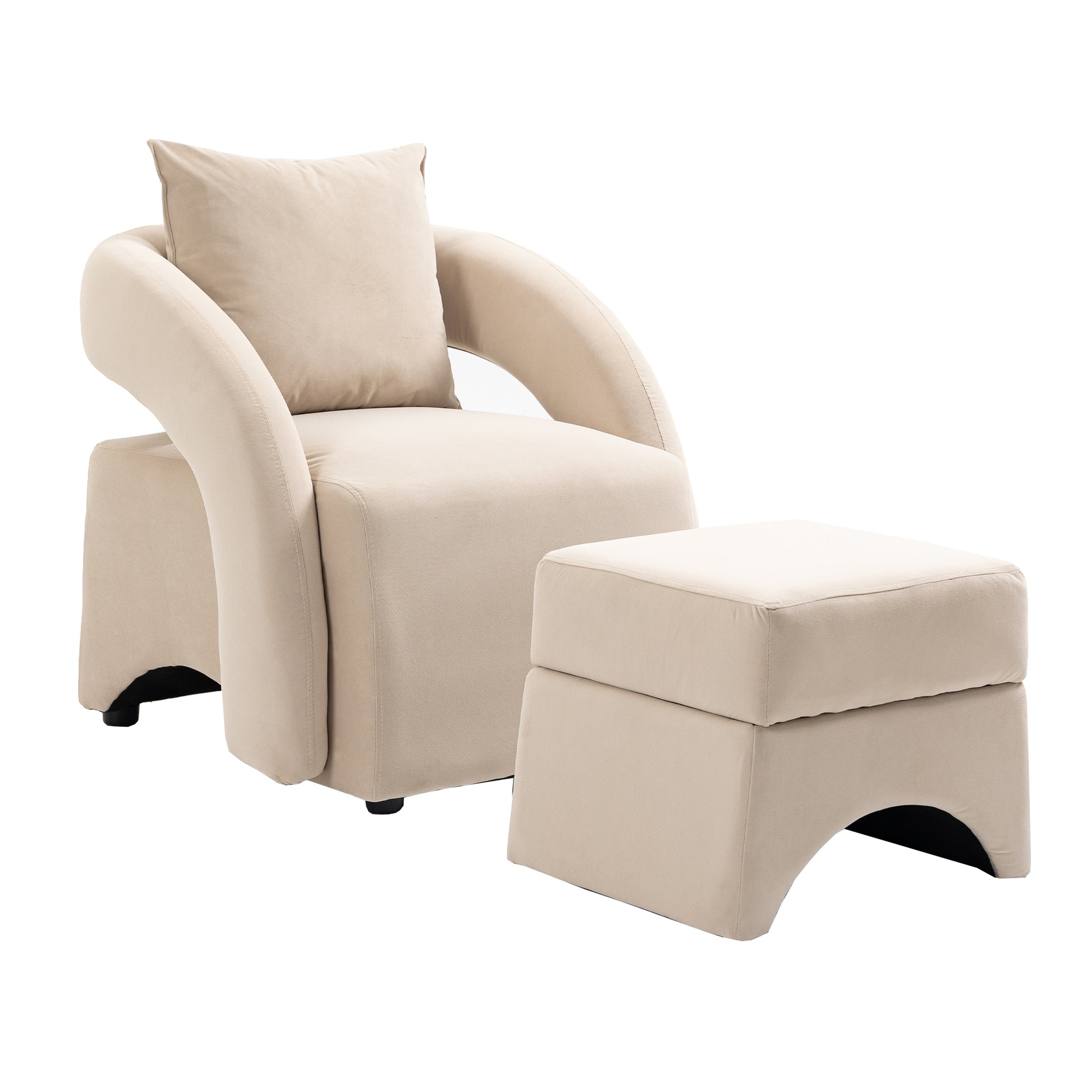 House Hold Accent Chair With Ottoman, Mid Century Modern Barrel Chair Upholstered Club Tub Round Arms Chair For Living Room Beige Velvet