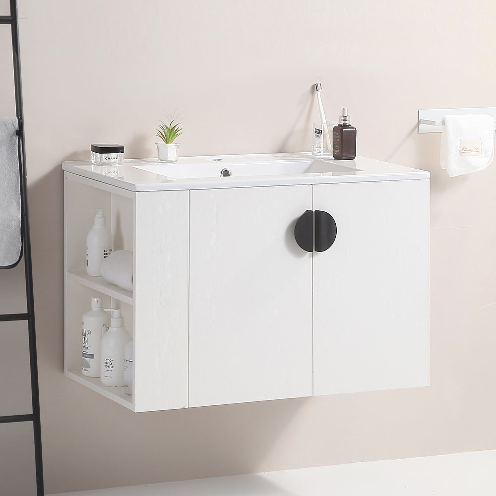 30" Bathroom Vanity With Sink,With Two Doors Cabinet Bathroom Vanity Set With Side Left Open Storage Shelf,Solid Wood,Excluding Faucets,White White Solid Wood