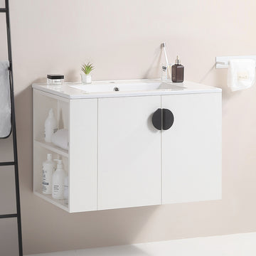 30" Bathroom Vanity With Sink,With Two Doors Cabinet Bathroom Vanity Set With Side Left Open Storage Shelf,Solid Wood,Excluding Faucets,White White Solid Wood