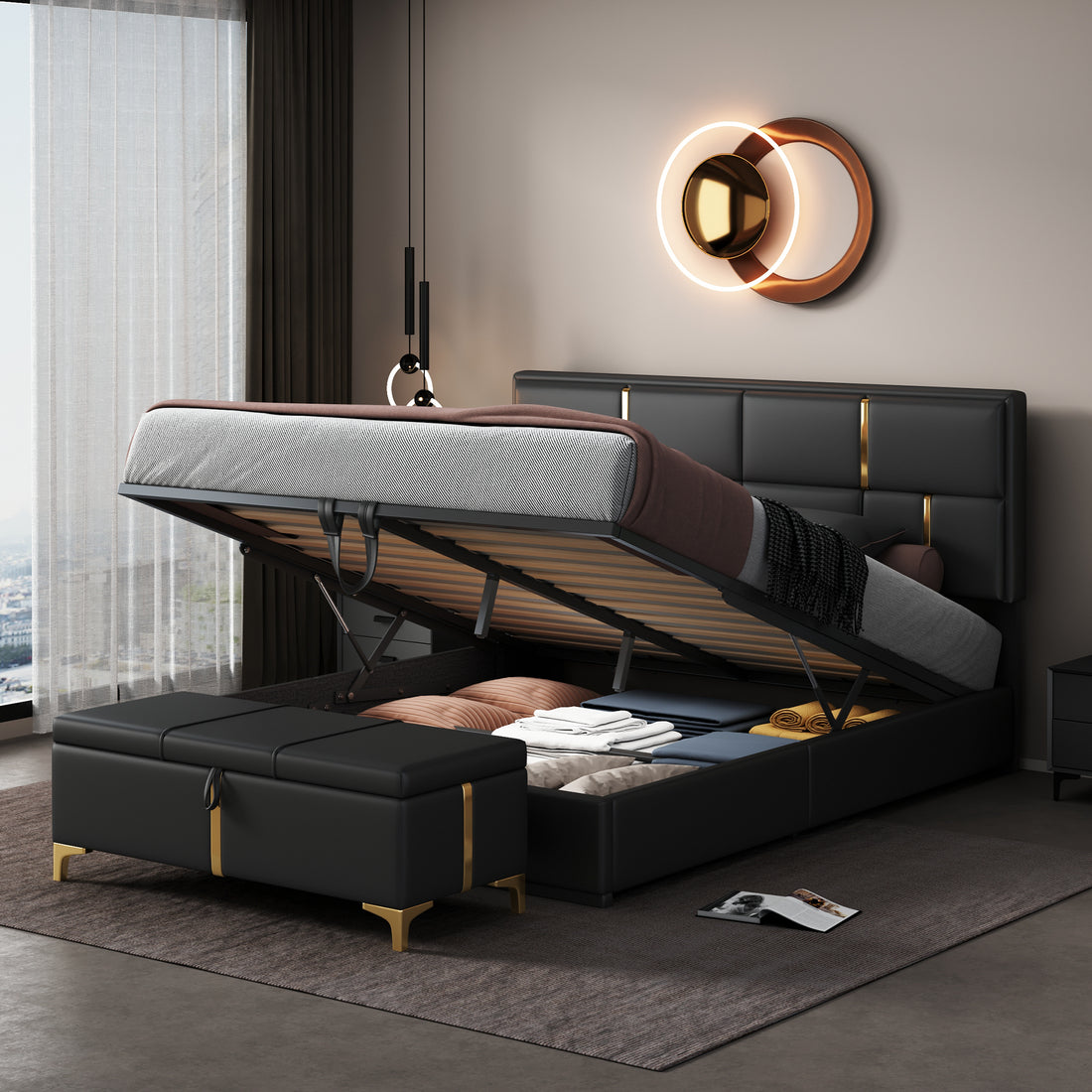 2 Pieces Bedroom Sets,Queen Size Upholstered Platform Bed With Hydraulic Storage System,Storage Ottoman With Metal Legs,Black Black Pu