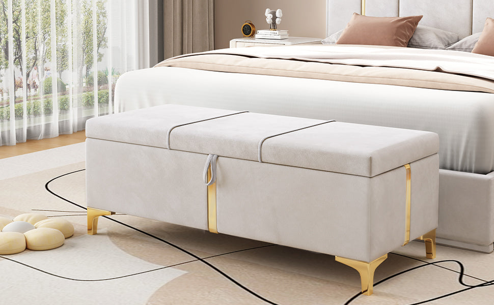 Elegant Upholstered Storage Ottoman,Storage Bench With Metal Legs For Bedroom,Living Room,Fully Assembled Except Legs,Beige Beige Velvet