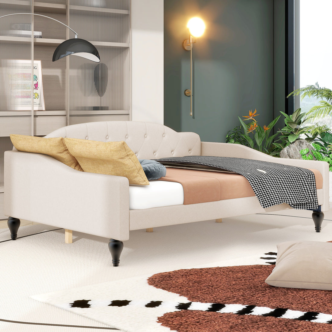 Full Size Upholstered Tufted Daybed, Beige Box Spring Not Required Beige Wood Linen Upholstered