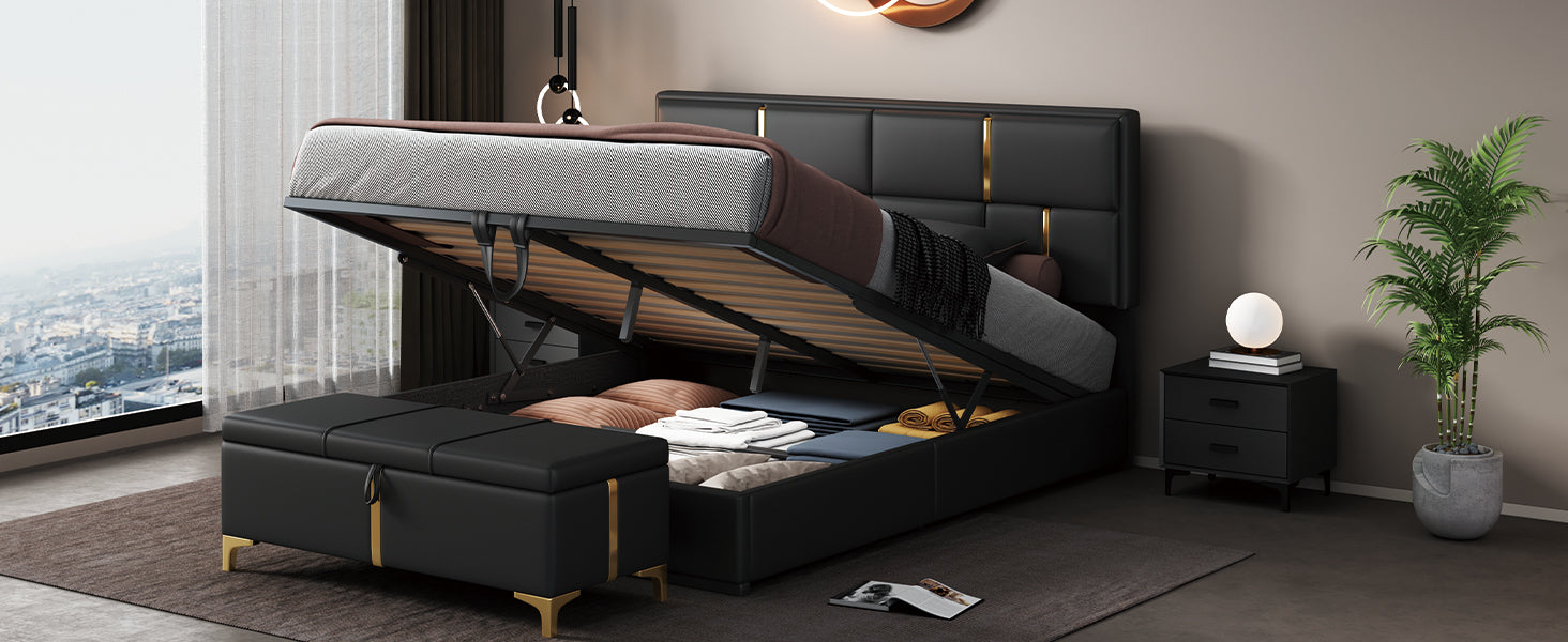 2 Pieces Bedroom Sets,Queen Size Upholstered Platform Bed With Hydraulic Storage System,Storage Ottoman With Metal Legs,Black Black Pu