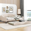 Full Size Upholstered Tufted Daybed With Twin Size Trundle, Beige Box Spring Not Required Full Beige Wood Daybeds Linen Upholstered