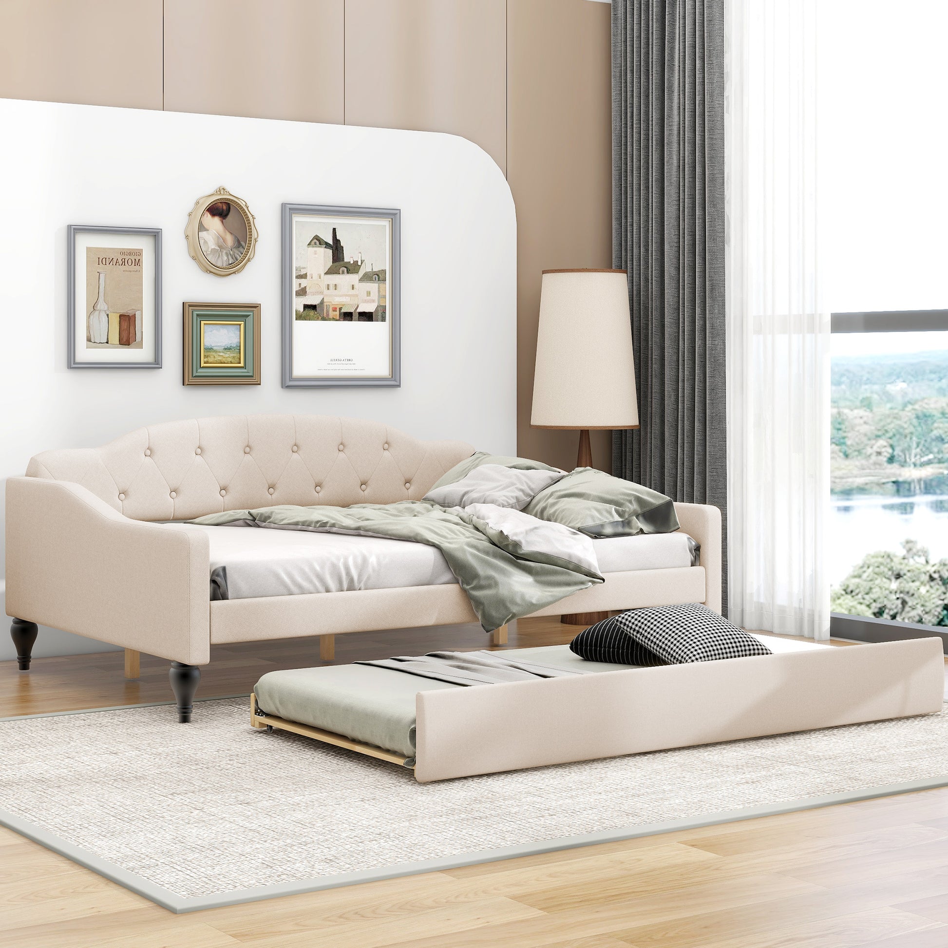 Full Size Upholstered Tufted Daybed With Twin Size Trundle, Beige Box Spring Not Required Full Beige Wood Daybeds Linen Upholstered